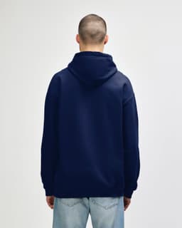 A navy hooded sweatshirt with a simple design, featuring a back view and a drawstring hood.