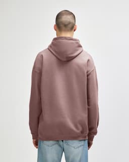 A hooded sweatshirt in a dusty pink colour, featuring a standard back design and a logo.