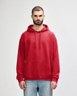 A red hooded sweatshirt with a front pocket and drawstring, featuring a logo on the chest.