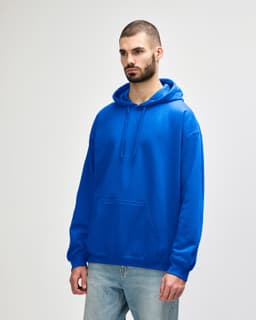 A blue Gildan Softstyle adult hooded sweatshirt in a relaxed fit, featuring a front pocket and adjustable drawstrings.