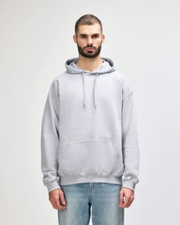 A grey Gildan Softstyle adult hooded sweatshirt with a front pocket and a drawstring hood. Features a logo.