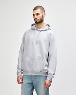 A grey hooded sweatshirt features a drawstring hood and a front pouch pocket, with a logo present.