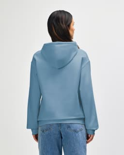 A light blue hooded sweatshirt with a kangaroo pocket and a logo on the back.