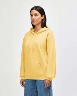 A yellow Gildan Softstyle adult hooded sweatshirt with a kangaroo pocket and a logo on the front.
