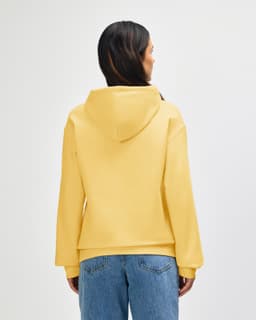 A yellow Gildan Softstyle adult hooded sweatshirt displayed from the back, featuring a hood and a relaxed fit.