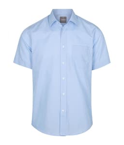 A light blue button-up shirt with a single chest pocket, featuring short sleeves and a neat collar.