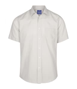A light grey button-up shirt with a single chest pocket and a logo on the collar.