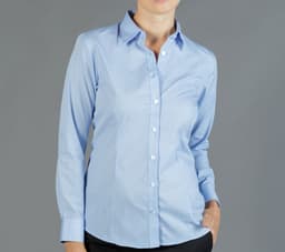 A light blue button-up shirt with long sleeves, featuring a collar and a logo on the chest.