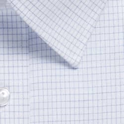 A button-up shirt featuring a blue and white mini check pattern with a classic collar and button detail.