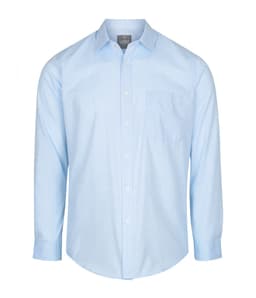 A light blue button-up shirt featuring a check pattern and a single chest pocket. It has long sleeves and a collar.