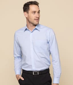 A button-up shirt in light blue with long sleeves and a chest pocket, featuring a branding logo.