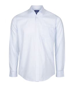 A button-up shirt featuring a light blue mini check pattern and a single chest pocket, with a branded label.