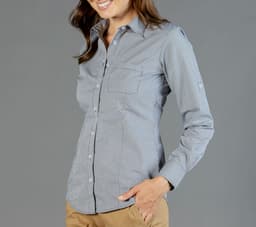 A button-up shirt in a black and white gingham pattern, featuring a fitted design and long sleeves.