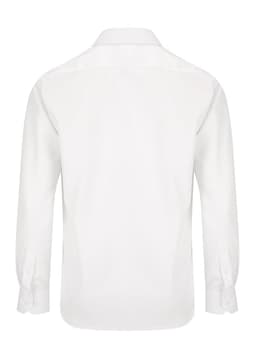 A white long-sleeved shirt with a collar and buttoned cuffs, featuring a logo on the back.