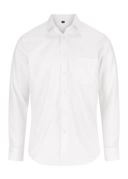 A white long-sleeve shirt with a pocket and a branded logo.