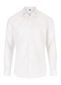 A white button-up shirt with long sleeves and a slim fit design. It features a brand logo.