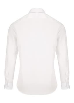 A white button-up shirt with long sleeves, featuring a plain back and a logo on the collar.