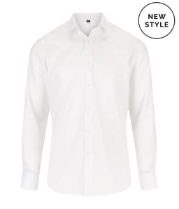 A white button-up shirt with a slim fit and a collar, featuring a logo on the chest.