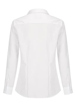 A white button-up women's shirt with long sleeves and a collar, featuring a logo on the back.
