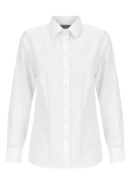 A white button-up women's shirt with long sleeves and a collar, featuring a logo.