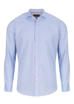 A light blue button-up shirt with long sleeves and a collar, featuring a subtle logo.