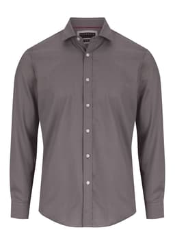 A button-up shirt in charcoal grey with a classic collar and long sleeves, featuring a logo on the label.