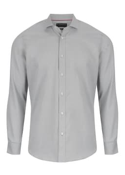 A light grey button-up shirt with long sleeves and a simple collar, featuring a logo on the brand tag.