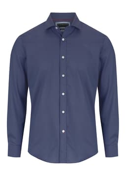 A navy blue button-up shirt with a classic collar and long sleeves, featuring a logo.