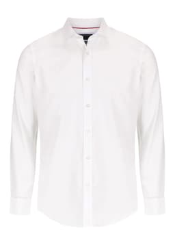 A white button-up shirt featuring long sleeves and a standard collar, with a logo on the label.