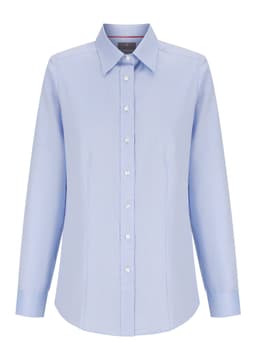 Light blue button-up shirt with a collar and long sleeves, featuring a logo on the chest.