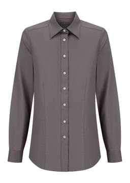 A women's button-up shirt in a sleek grey colour, featuring long sleeves and a classic collar, with a branded logo.