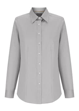 A grey button-up shirt for women with long sleeves and a classic collar, featuring a branding logo.
