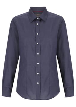 A women's long sleeve button-up shirt in navy blue with a collar and button-down front, featuring a logo.