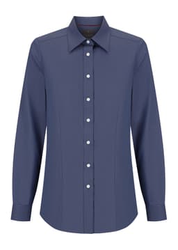 A navy button-up shirt for women with a classic collar and long sleeves, featuring a logo on the upper left.