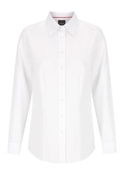 A white button-up shirt with a collar and long sleeves, featuring a logo on the label.