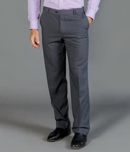 A pair of grey slacks with a straight leg design, featuring side pockets and a front crease.