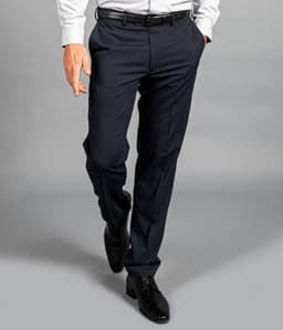 Smart dark grey slacks with a tailored fit, featuring pockets and a belt, paired with shiny black shoes.