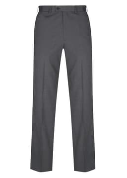 A pair of grey slacks with a straight fit and subtle texture, featuring a waistband and no visible branding.