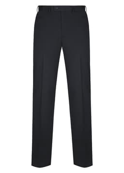 Black slacks with a tailored fit, featuring a waistband and a subtle pinstripe pattern. Includes a logo detail.