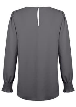 A grey long-sleeve blouse with shirred cuffs and a keyhole back detail, featuring a logo on the label.