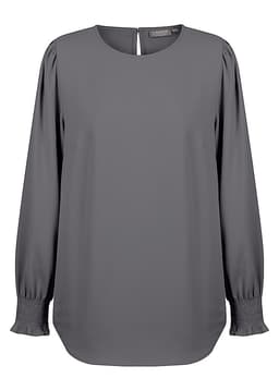 A grey long-sleeve top with shirred cuffs and a round neckline, featuring a subtle keyhole detail at the back.