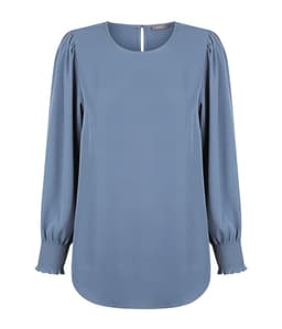 A blue blouse with shirred cuffs and a round neckline, featuring long sleeves and a back keyhole detail.