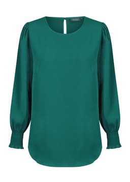 A green top with a round neckline and shirred cuffs, featuring puffed sleeves and a back keyhole detail.