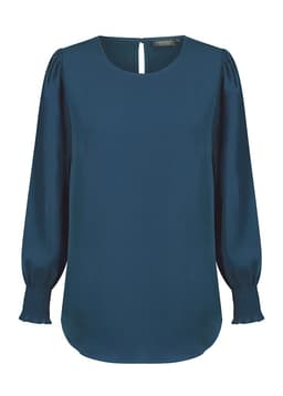 A teal blouse with a round neckline, long puff sleeves, and shirred cuffs. It features a keyhole opening at the back and has a brand logo.