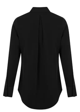 A black long-sleeved shirt with a half placket and a back pleat, featuring buttoned cuffs. It has branding.