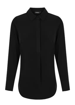 A black long-sleeve shirt with a half placket and a collar, featuring a logo at the neck.