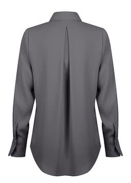 A grey shirt with a 1/2 placket and long sleeves, featuring a centre back pleat and button cuffs.