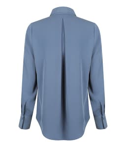 A light blue long-sleeve shirt featuring a half placket and back pleat, also has a logo.