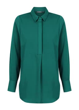 A green shirt with a half placket and long sleeves, featuring a collar and a logo.