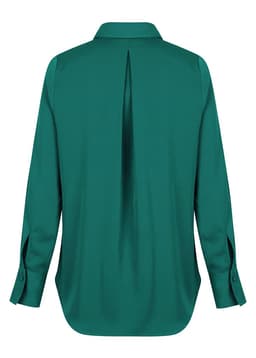 A green shirt with a half placket and long sleeves, featuring a central pleat at the back. It has a logo.